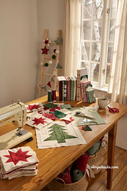 Christmas quilts ideas with free patterns in a cozy holiday quilting studio