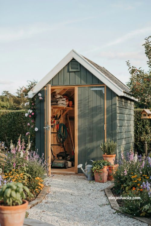 Classic timber storage shed with gable roof and traditional backyard garden style