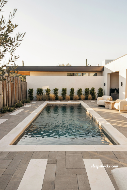 Clean rectangular pool design with modern limestone decking and timeless backyard style