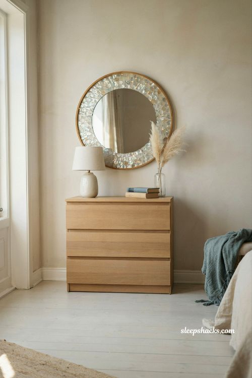Coastal blue bedroom ideas with capiz shell mirror and soft reflective beach house styling