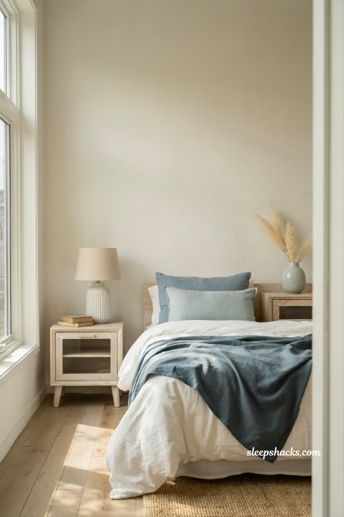 Coastal blue bedroom ideas with cerused oak nightstands and whitewashed beach house texture