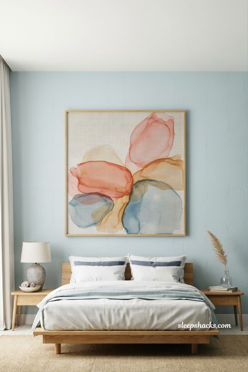 Coastal blue bedroom ideas with coral and sun abstract art above headboard for warm beach house style contrast