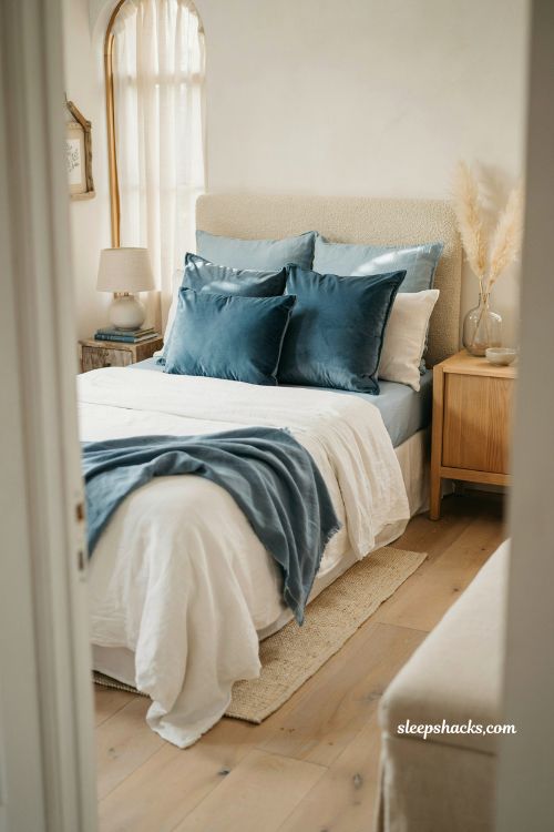 Coastal blue bedroom ideas with deep indigo velvet pillowcases and layered textured bedding contrast