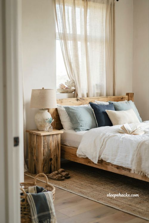 Coastal blue bedroom ideas with driftwood bed frame and weathered beach house charm