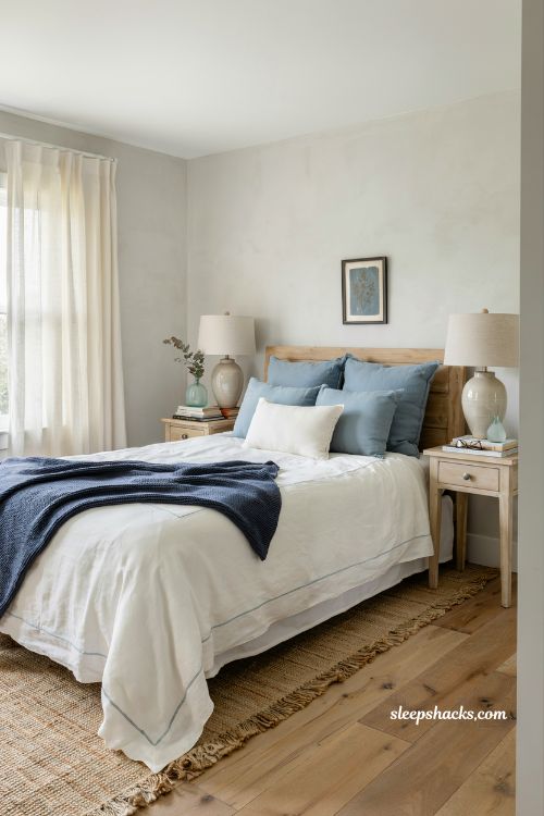 Coastal blue bedroom ideas with layered navy and sky blue bedding for depth and beach house comfort