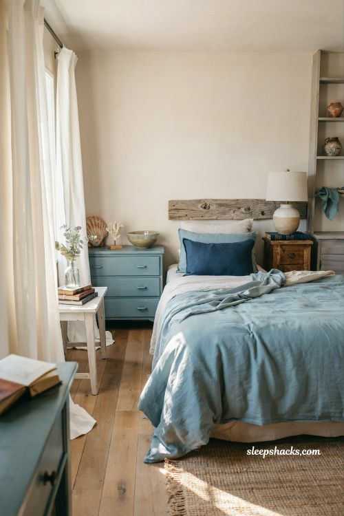 Coastal blue bedroom ideas with layered ocean tones driftwood accents and relaxed beach house style