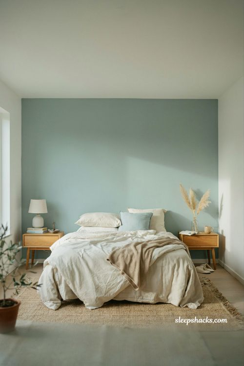 Coastal blue bedroom ideas with seafoam green accent wall and calm airy beach inspired design