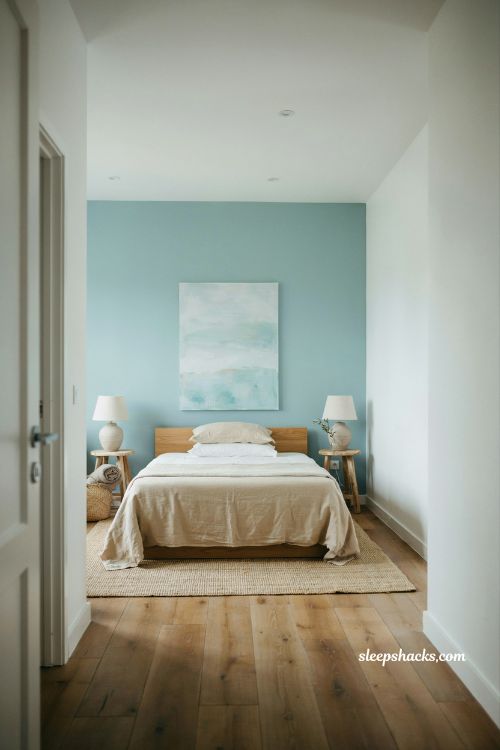 Coastal blue bedroom ideas with soft aqua walls for bright and airy small room design