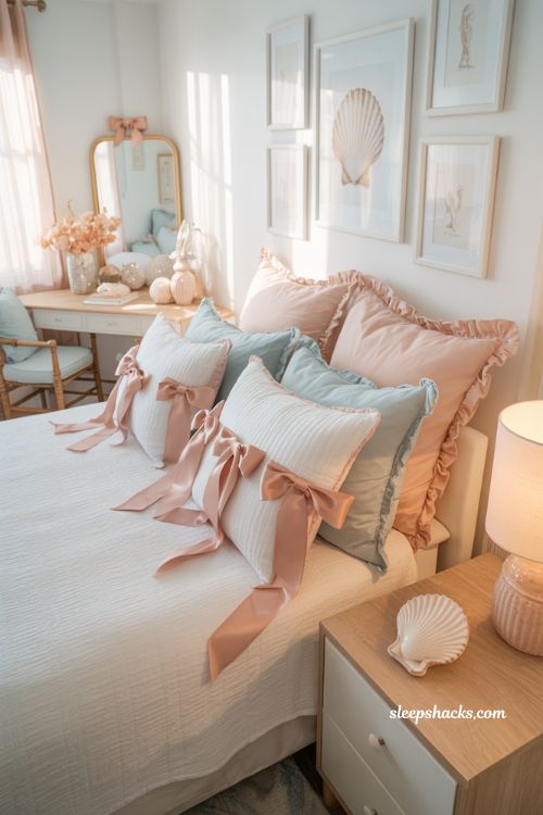 Coastal coquette bedroom with pink bows shells and blush feminine beach aesthetic