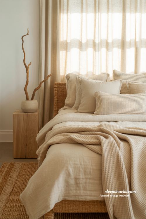 Coastal cottage bedroom layered neutral tones with textured linen and natural wood sanctuary