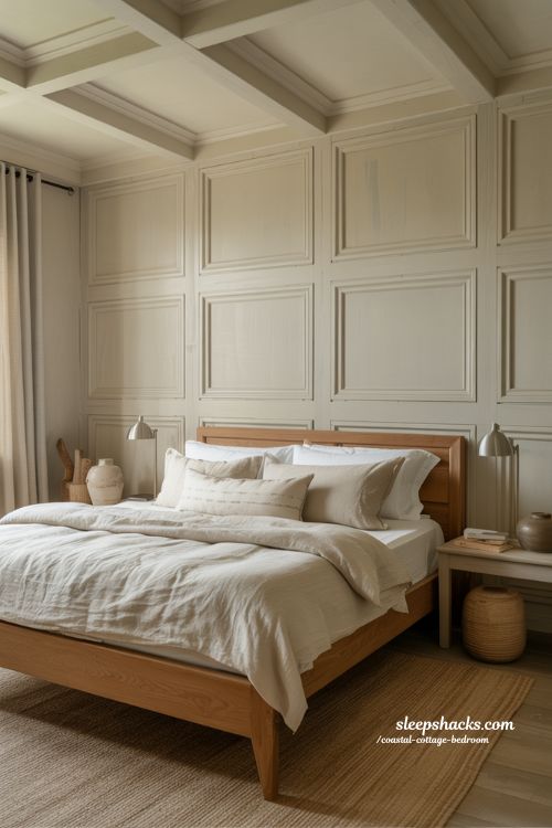 Coastal cottage bedroom with Cape Cod board and batten wall paneling and natural wood accents