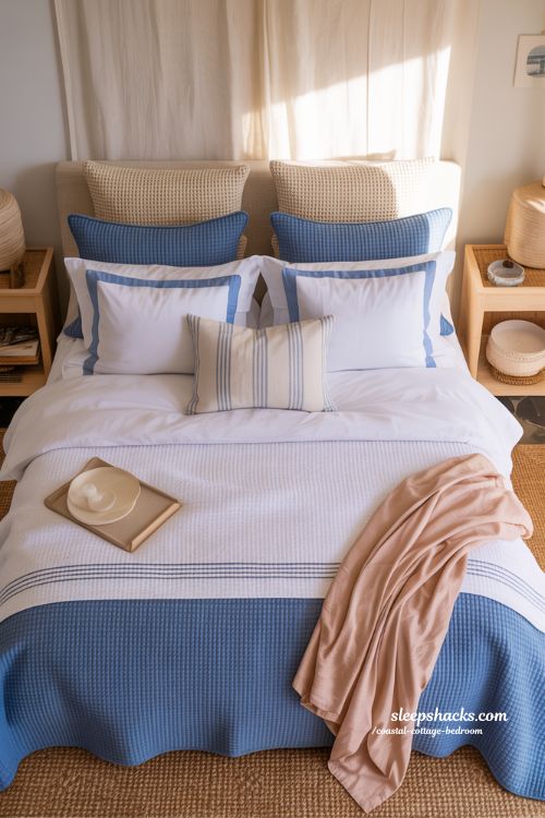 Coastal cottage bedroom with blue and white layered bedding textures and warm accent throw