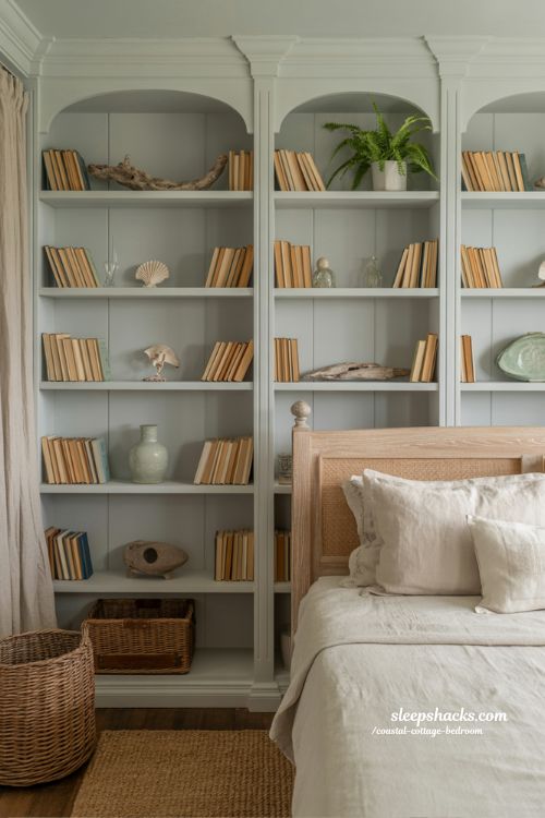 Coastal cottage bedroom with built in white bookcases styled with books shells and natural decor