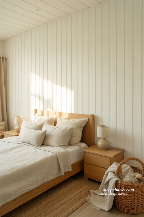 Coastal cottage bedroom with crisp white vertical shiplap walls and natural wood furniture