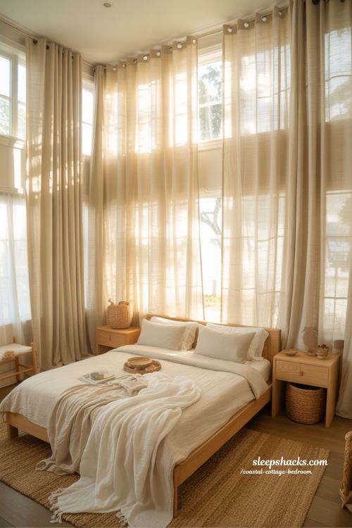 Coastal cottage bedroom with floor to ceiling linen curtains and soft golden natural light