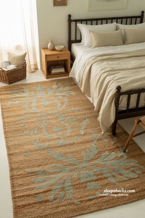 Coastal cottage bedroom with large jute rug floral pattern and natural wood spindle bed