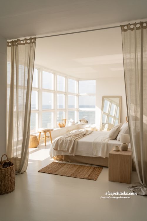 Coastal cottage bedroom with natural light design sheer curtains and bright airy interior