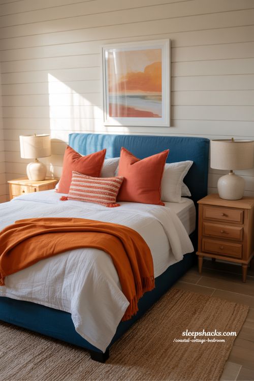 Coastal cottage bedroom with navy bedding coral accents and warm natural wood details