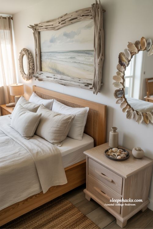 Coastal cottage bedroom with personal ocean artwork driftwood frame and natural seaside textures