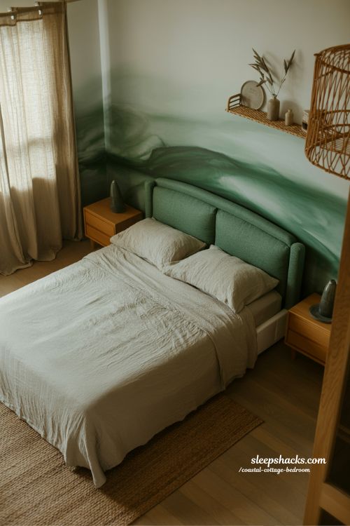 Coastal cottage bedroom with sea glass green walls warm wood accents and natural textures