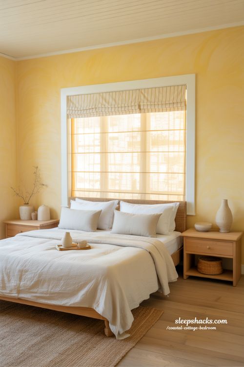Coastal cottage bedroom with soft butter yellow walls white bedding and natural wood accents