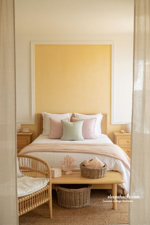 Coastal cottage bedroom with soft pastel yellow blush mint decor and natural wood accents