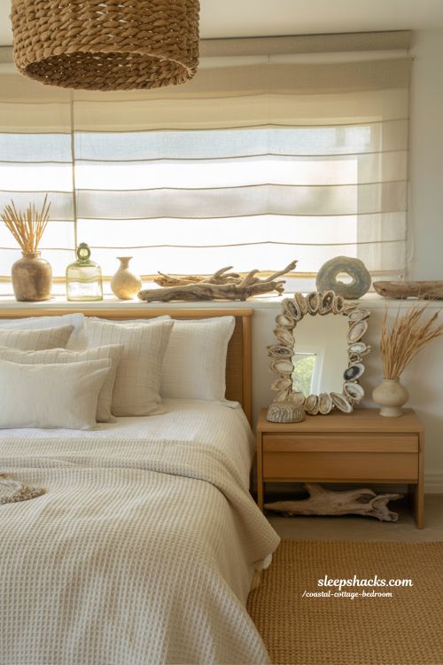 Coastal cottage bedroom with thoughtful decor details oyster shell mirror jute pendant and vintage accents