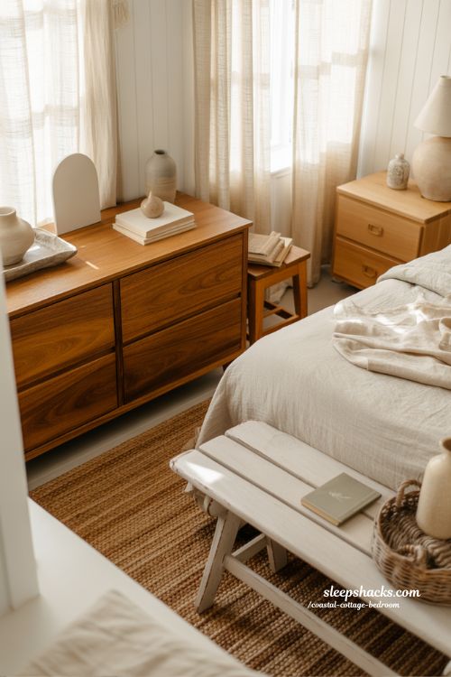 Coastal cottage bedroom with warm wood furniture layered tones and natural coastal textures