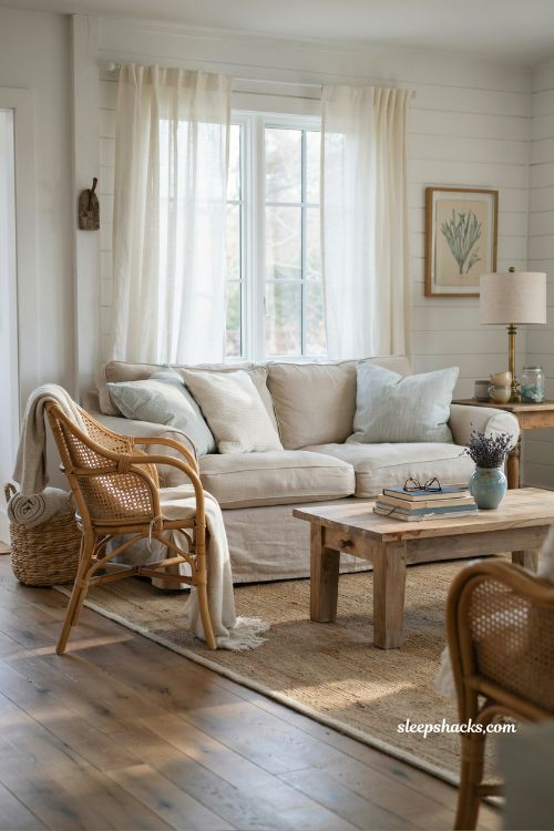 Coastal cottage living room ideas with a relaxed slipcovered sofa and natural beach house charm