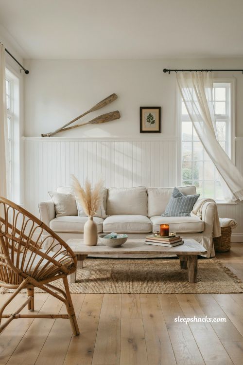 Coastal cottage living room ideas with beadboard walls and classic beach cottage charm
