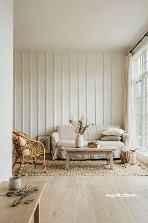 Coastal cottage living room ideas with board and batten wall paneling and soft white coastal interiors