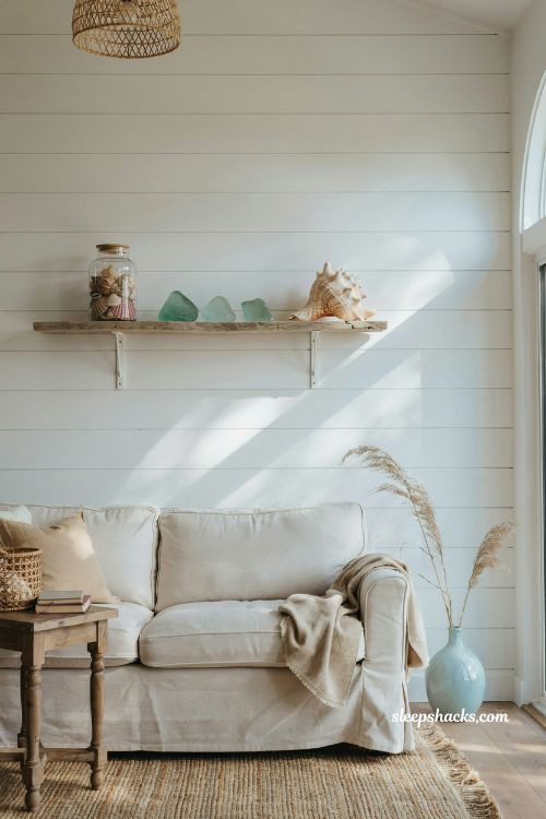 Coastal cottage living room ideas with collected shells and sea glass shelf decor