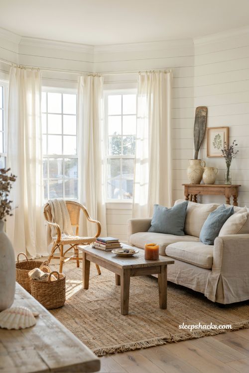 Coastal cottage living room ideas with creamy white shiplap walls and warm natural textures