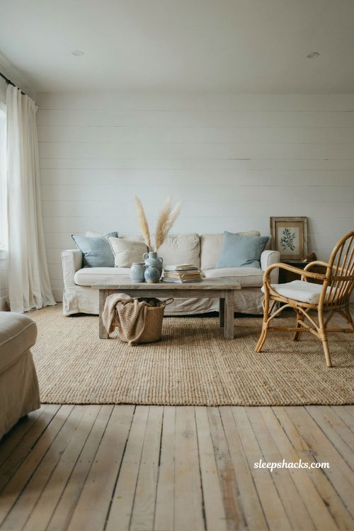 Coastal cottage living room ideas with jute rug natural texture and relaxed seaside layering