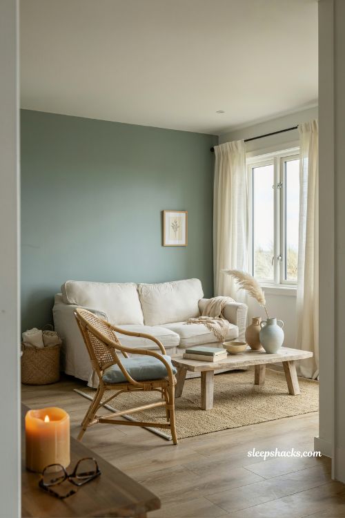 Coastal cottage living room ideas with sea glass green accent wall and soft coastal color palette