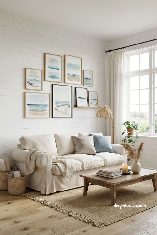 Coastal cottage living room ideas with watercolor ocean gallery wall and soft coastal artwork styling