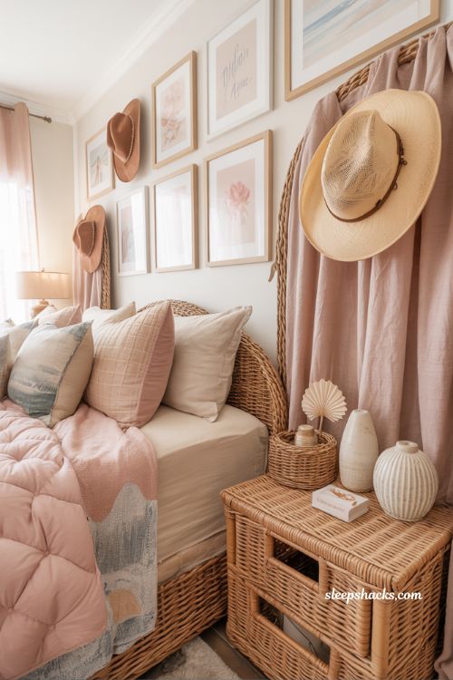 Coastal cowgirl pink bedroom aesthetic with blush tones and boho western beach decor