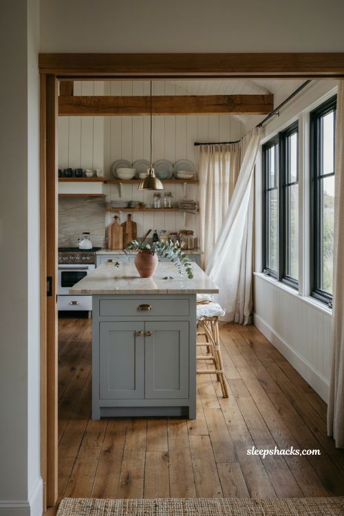 Coastal farmhouse kitchen ideas with reclaimed wood, white shiplap and soft blue accents