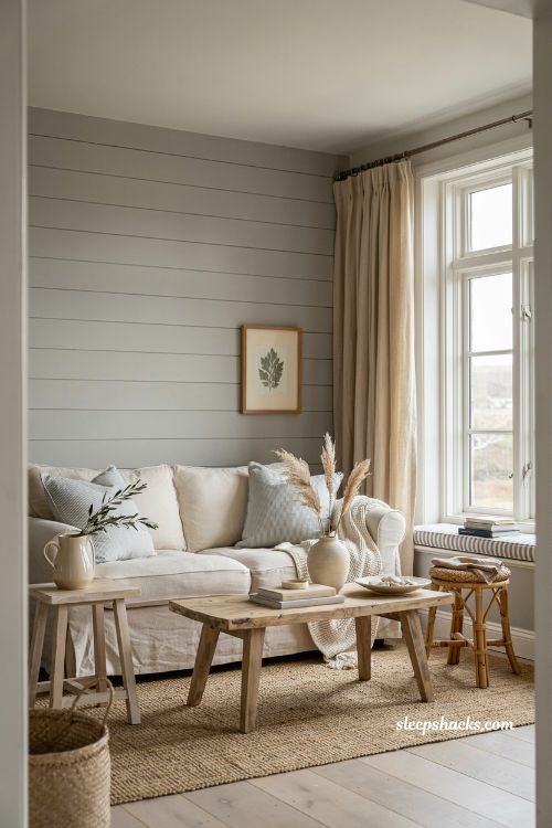 Coastal living room with blue and white striped pillows and relaxed beach cottage style