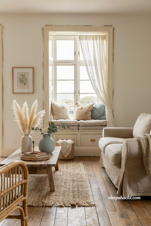 Coastal living room with built in window seat and cozy linen cushion styling