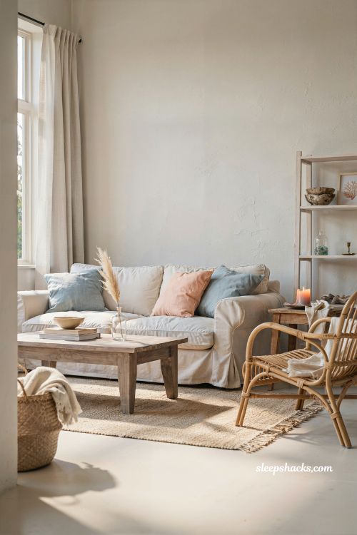 Coastal living room with coral accents and soft blue and white beach cottage palette