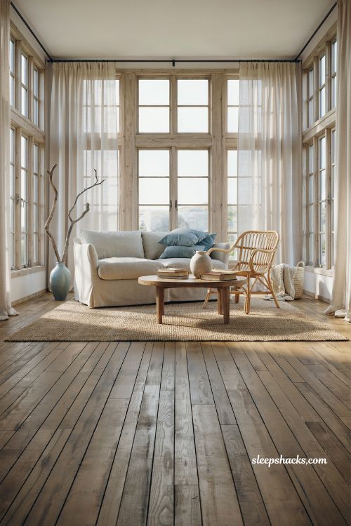 Coastal living room with jute rug layered over wide wood plank flooring design