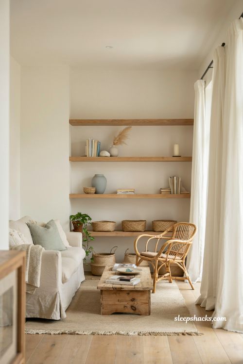 Shot type — Wide-angle eye-level interior shot capturing the full living room layout with emphasis on the coffee table as the visual anchor
Room description — A coastal-inspired living room that feels quietly lived-in and emotionally grounded, centered around an old wooden trunk repurposed as a coffee table, its worn character telling a subtle story of travel, salt air, and time
Style and era — Coastal rustic meets vintage nautical design with a relaxed, collected-over-time aesthetic rather than styled perfection
Color palette — Soft weathered whites, sandy beige, driftwood brown, muted ocean blue, and faded gray tones that feel sun-bleached and natural
Key props and details — A heavily worn wooden trunk with visible dents, aged brass hardware, and a faded leather strap used as a coffee table; a small stack of well-loved books placed casually on one side; a single simple ceramic bowl resting nearby; a folded natural linen throw stored inside the openable trunk; subtle rope accents and driftwood-inspired decorative elements; lightly textured linen sofa in the background; aged wood flooring with natural imperfections
Lighting — Gentle natural daylight filtering through unseen coastal windows, soft and diffused as if filtered by light curtains, creating a calm mid-morning atmosphere that feels unhurried and warm
Mood and atmosphere — The space feels like a memory preserved in a room; soft colors create an instant sense of calm and nostalgia, old textures in the trunk and wood surfaces add emotional depth and warmth, and simple restrained styling creates a lasting charm that feels authentic rather than staged or decorative
Coastal living room with linen curtains filtering soft natural light and airy beach style (1)