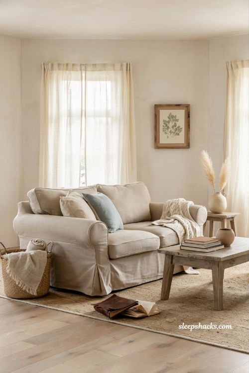 Coastal living room with oversized slipcovered linen sofa and warm natural textures
