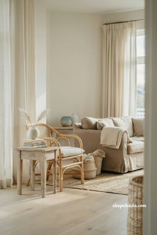 Coastal living room with rattan armchair and weathered wood side table styling