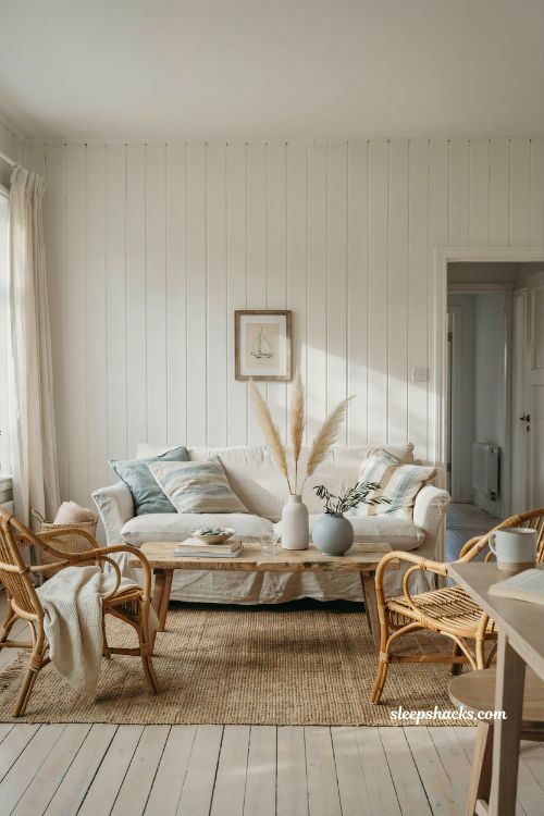 Coastal living room with shell white board and batten accent wall and cottage charm