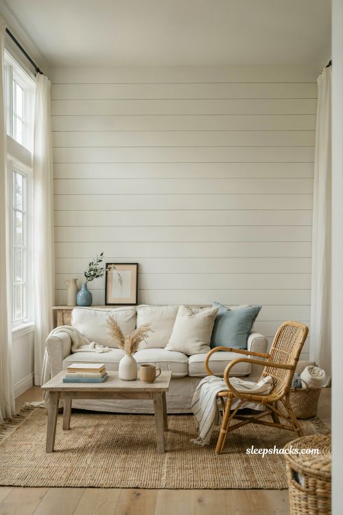 Coastal living room with soft white shiplap walls and relaxed cottage style design