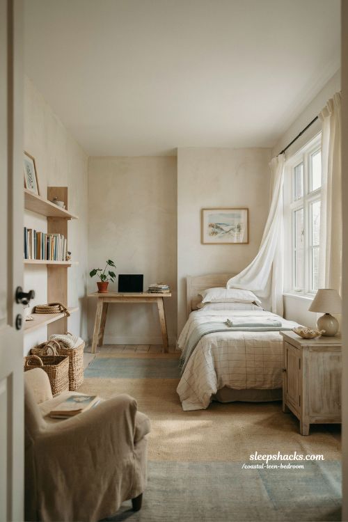 Coastal teen bedroom with soft ocean tones and calm seaside aesthetic interior design