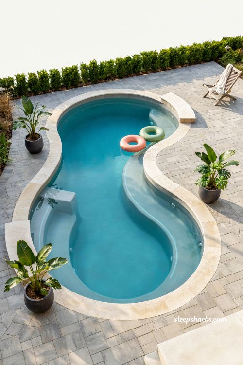 Compact lazy river loop for small backyard kidney shaped pool design ideas