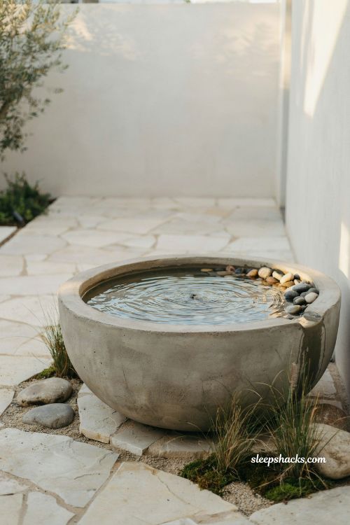 Concrete bowl fountain diy garden water feature high end looking outdoor patio design budget stone basin idea